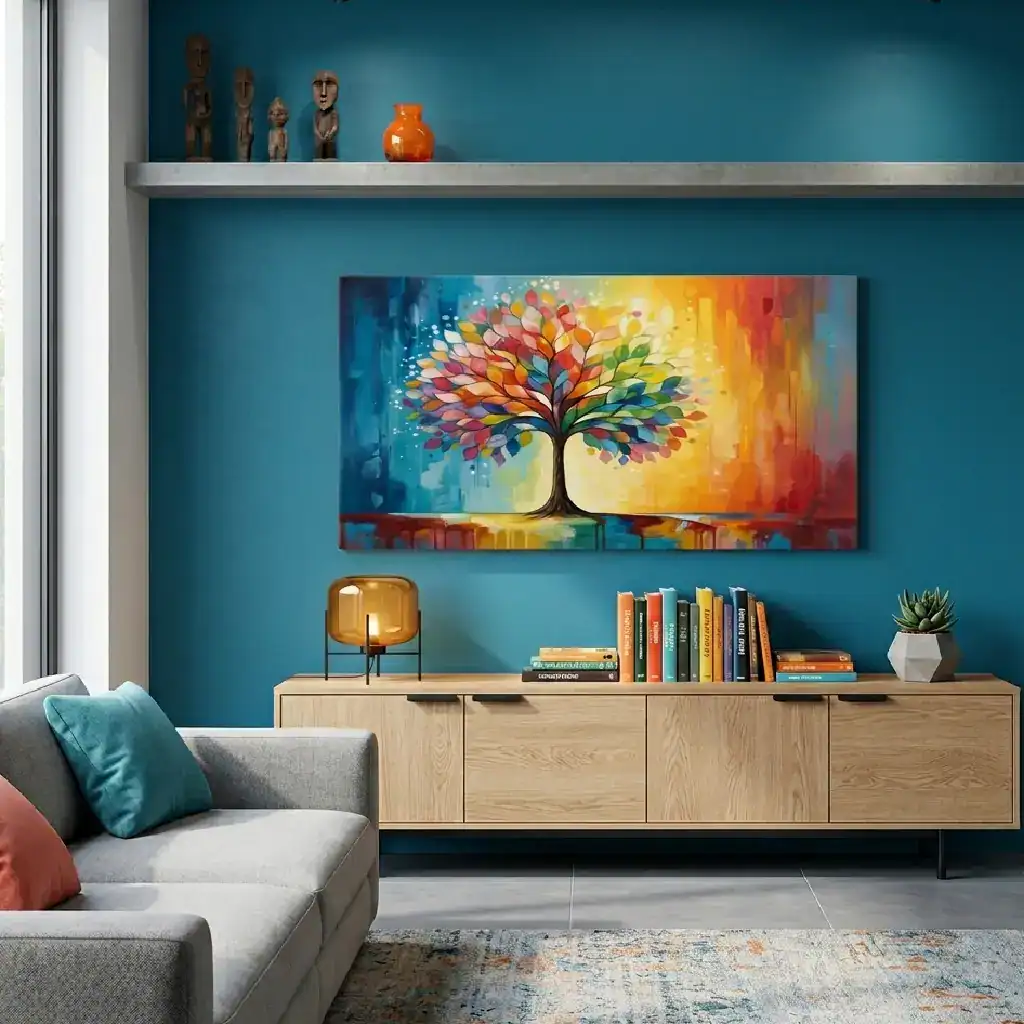 quadro albero di foglie in salotto mdoerno con parete azzurro turchese