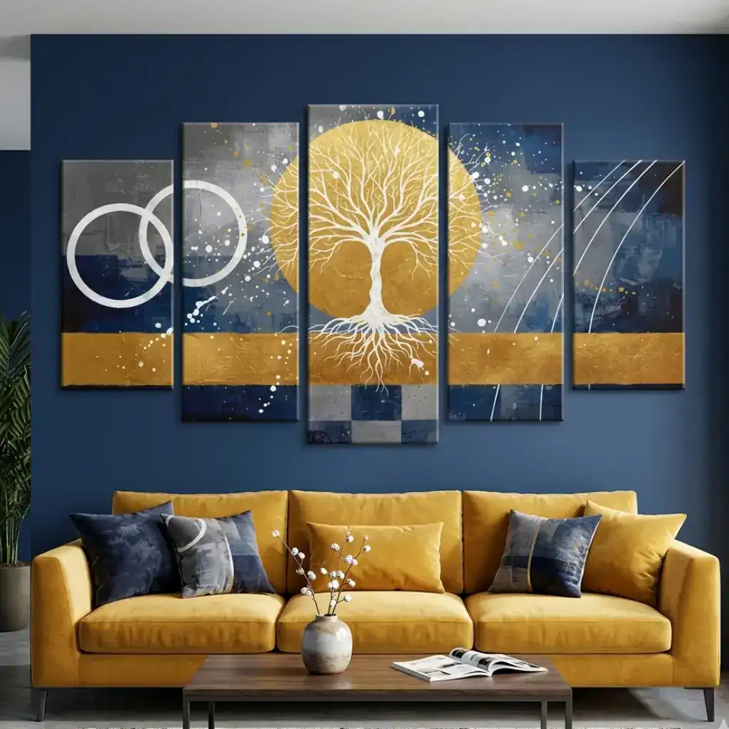 quadro albero nell'astratto salotto con divano giallo e parete blu