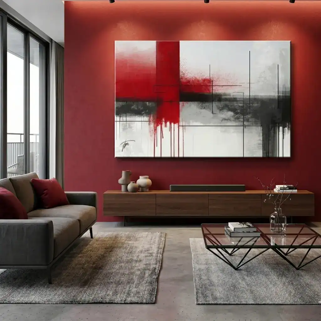 quadro moderno su parete rossa di un salotto moderno grigio e rosso