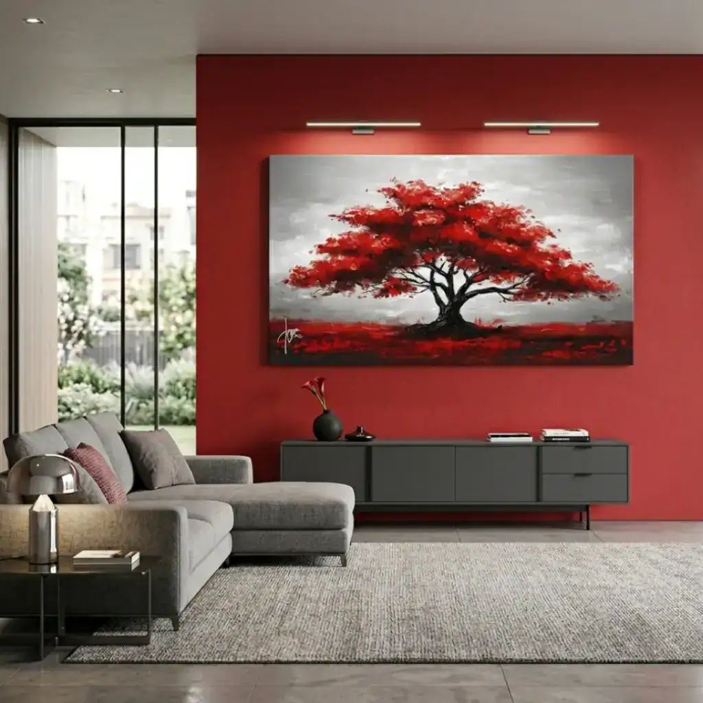 salotto moderno con parete rossa con quadro voglia di foglie rosse con albero rosso e grigio