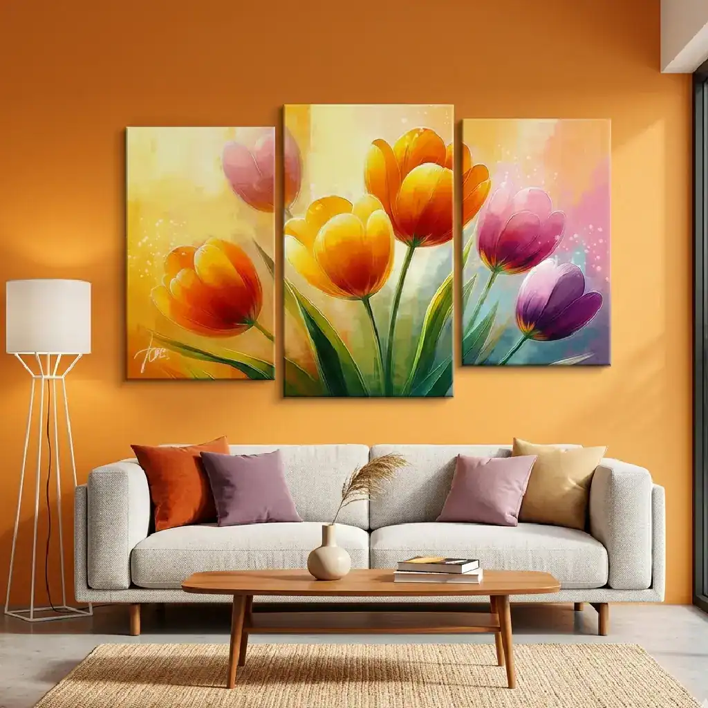 quadro armonia con tulipani colorati in un salotto moderno con parete arancione