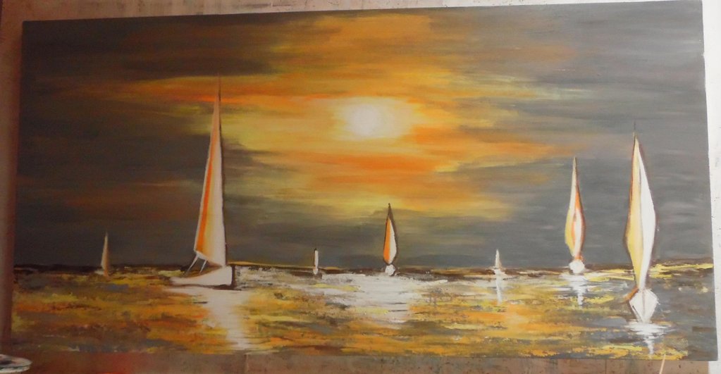 quadro tramonto con barche a vela