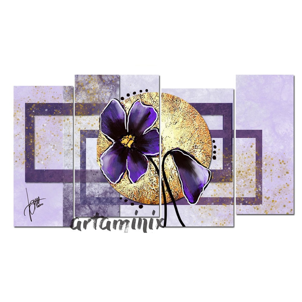 Quadro con fiori viola e sfondo oro e lilla