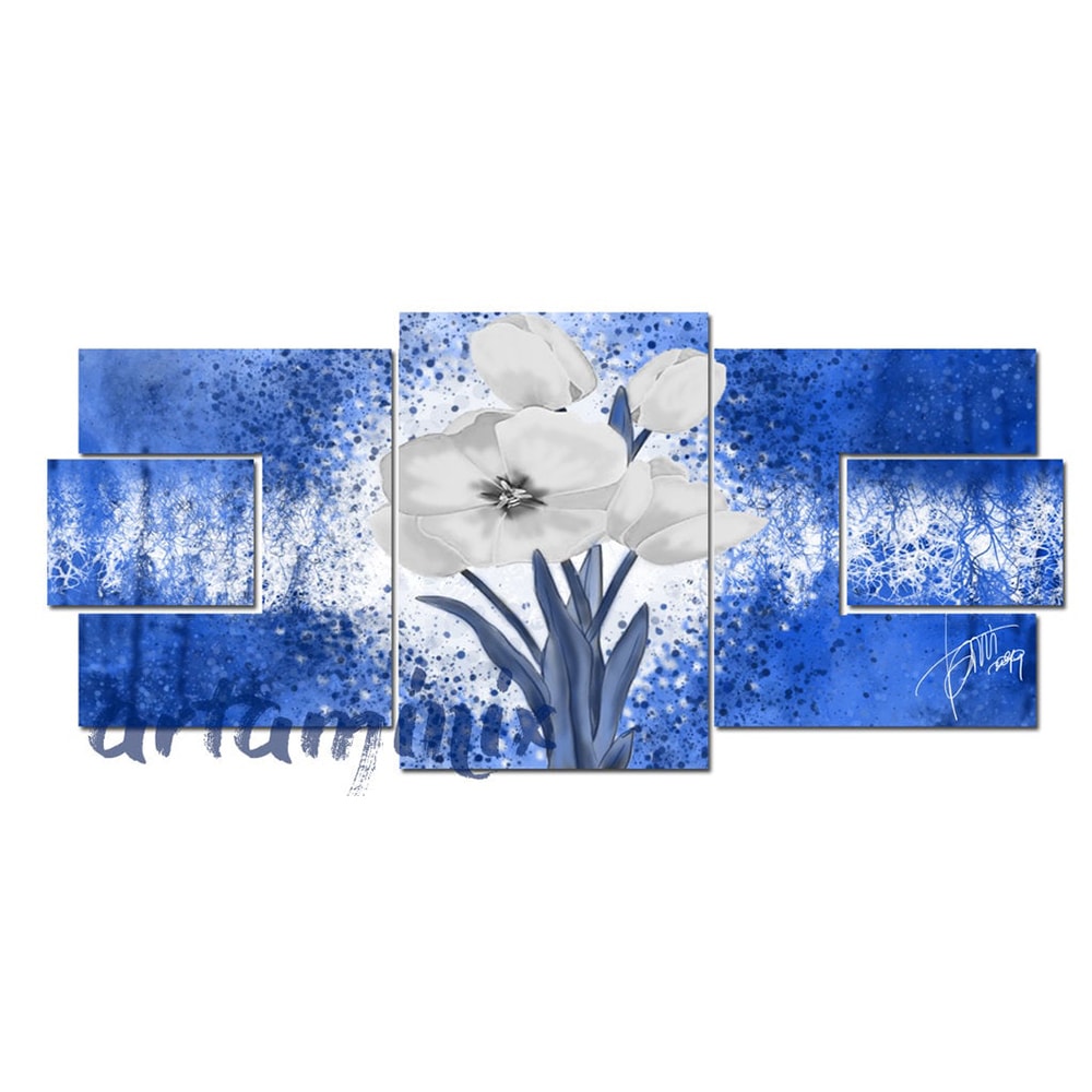 quadro tulipani bianchi con sfondo azzurro e blu