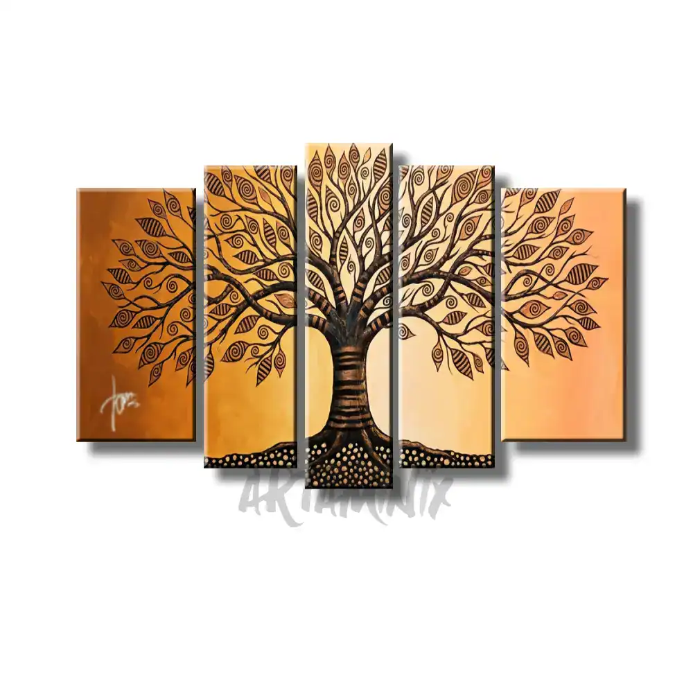 quadro dipinto a mano arancione e marrone con albero a righe