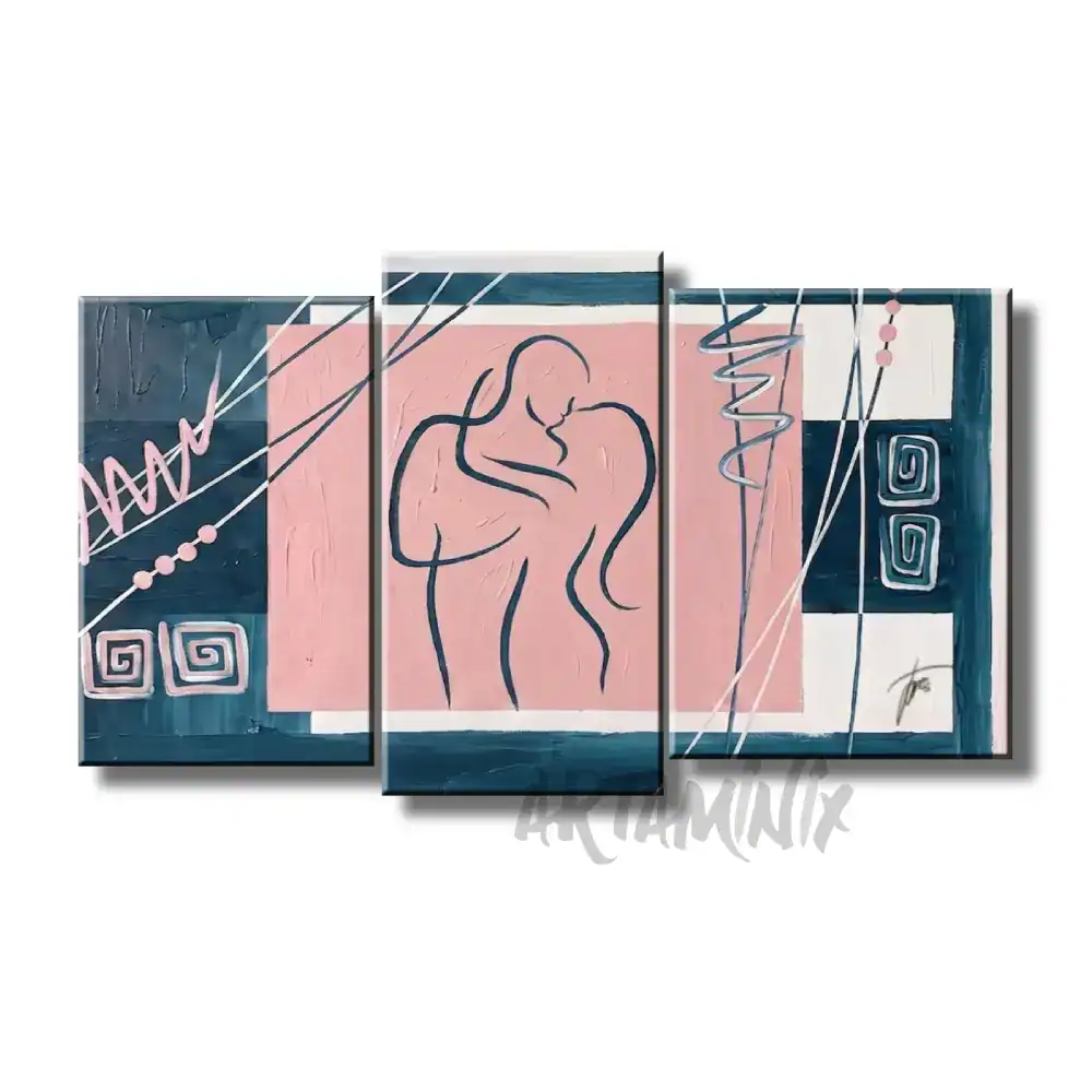 Dipinto astratto moderno che raffigura una coppia che si bacia, con linee nere su sfondo rosa cipria e dettagli geometrici blu notte
