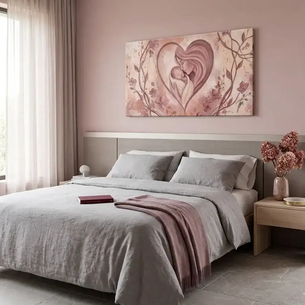 camera da letto moderna con quadro capezzale rosa