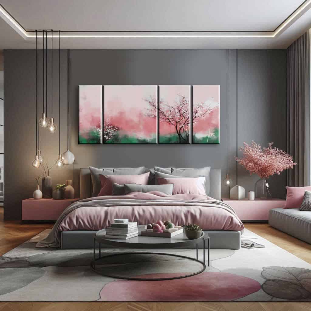 camera da letto con parete grigia quadro verde e rosa intreccio naturale