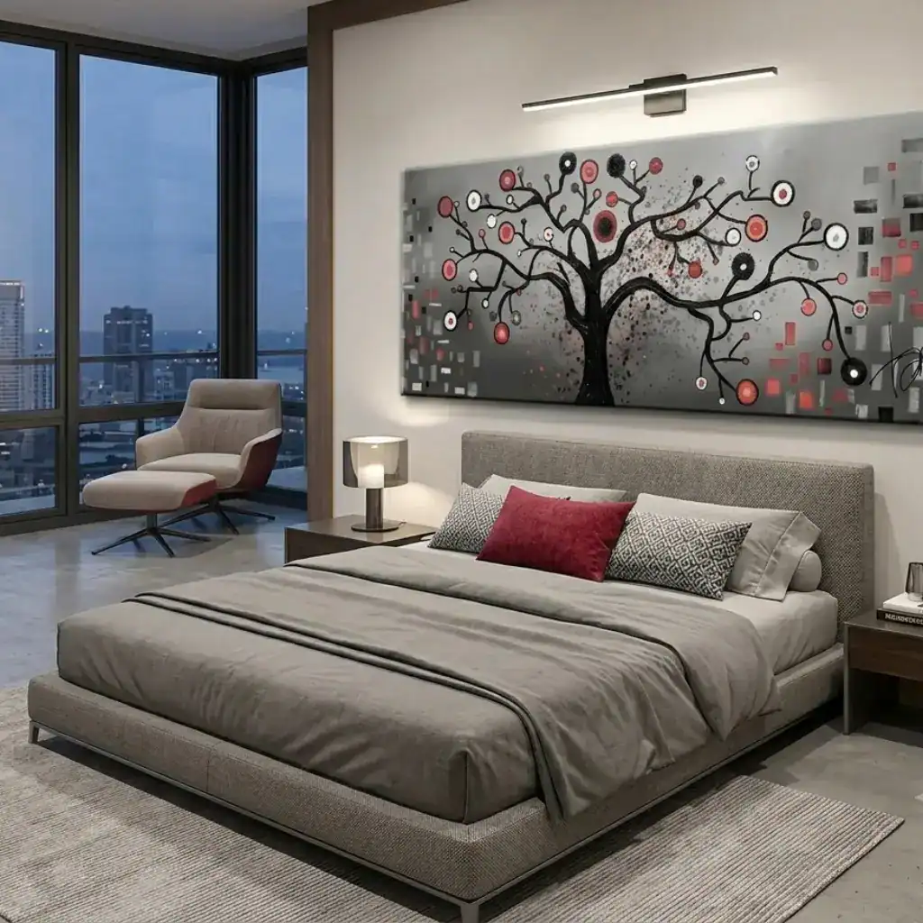camera da letto moderna con quadro dipinto a mano albero incanto