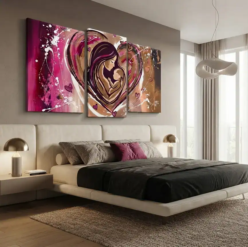 camera da letto moderna con quadro capezzale astratto dolcezza mamma con bambino