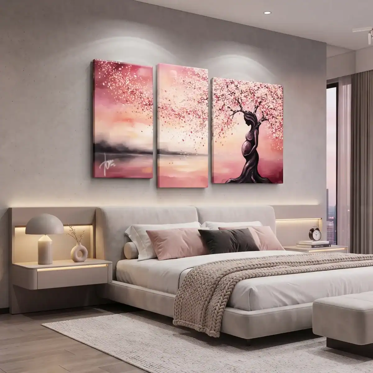 camera da letto moderna con quadro dipinto a mano rosa albero maternita'