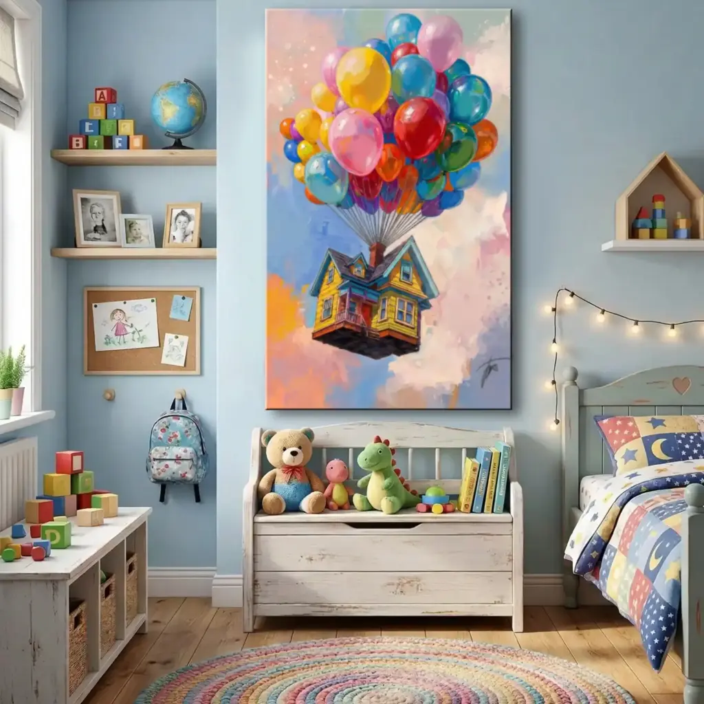 Cameretta moderna con Quadro dipinto a mano su legno raffigurante la casa del film UP Disney sollevata da palloncini colorati nel cielo.