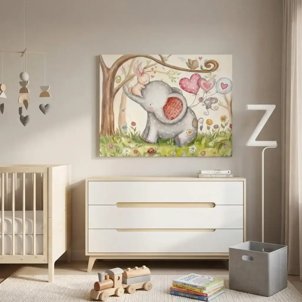 cameretta bambini quadro elefante e animaletti