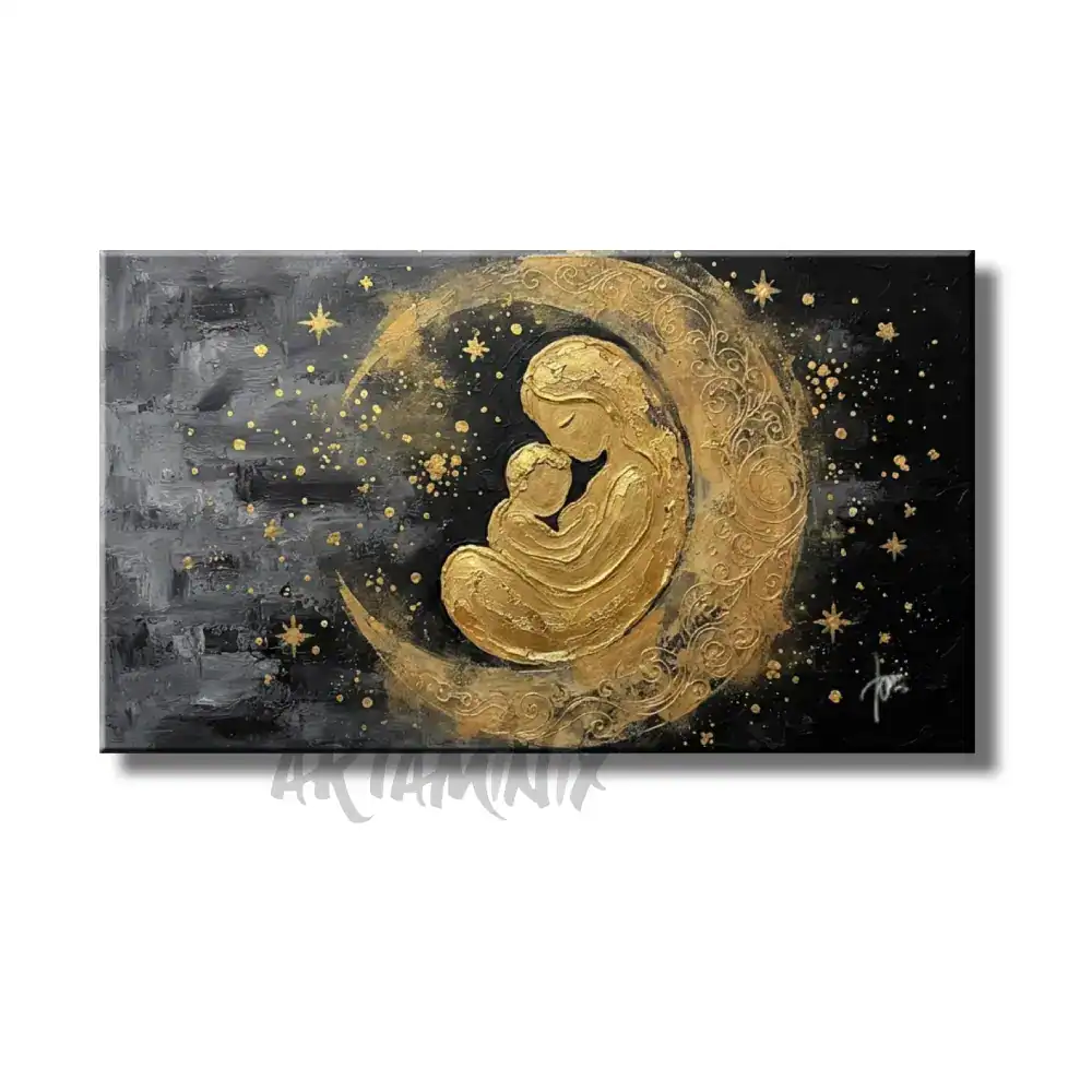 quadro dipinto a mano materico oro e nero capezzale luna e stelle