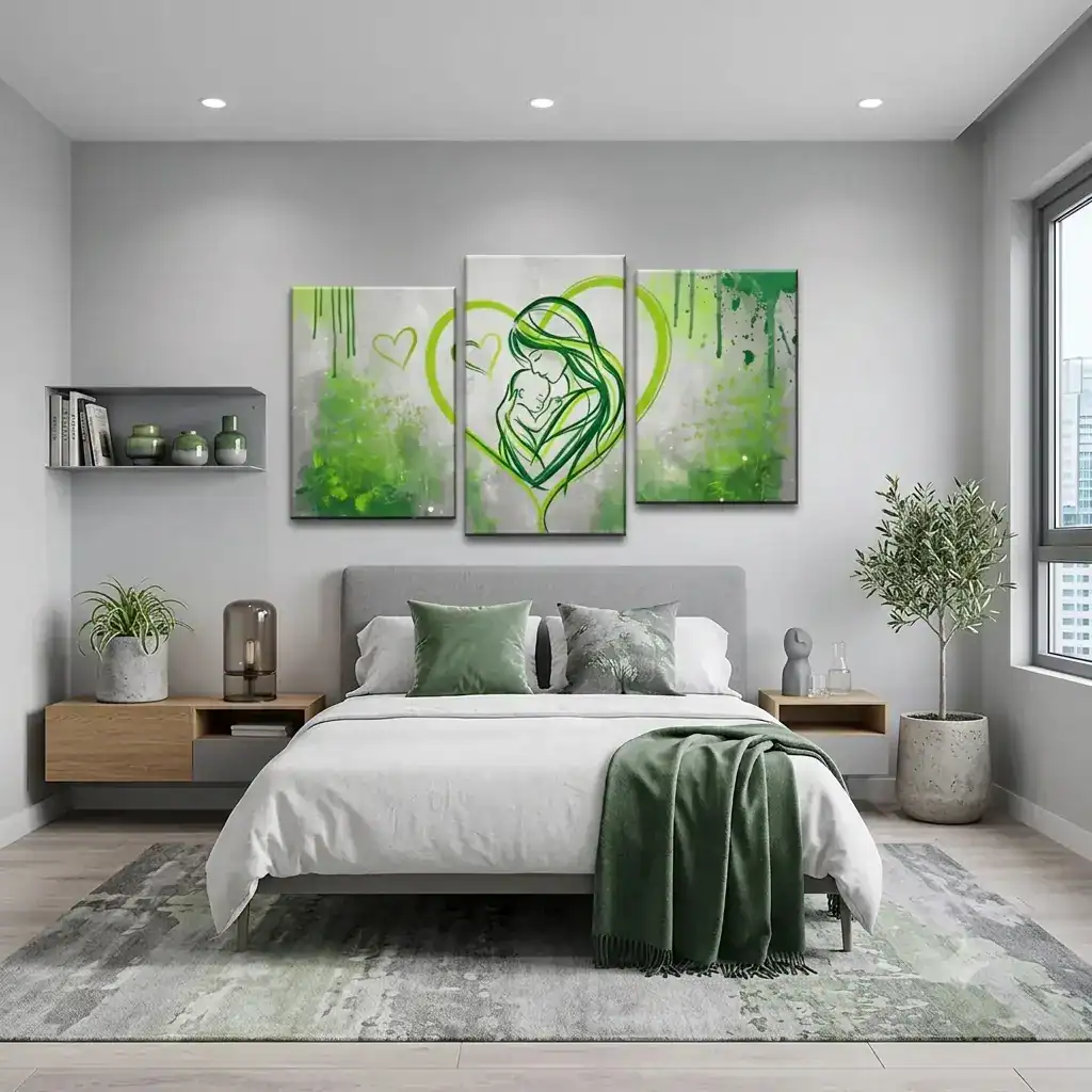 camera da letto con il quadro moderno capezzale "Maternità". Un trittico nei toni del verde e grigio perfetto per ambienti contemporanei e minimali.