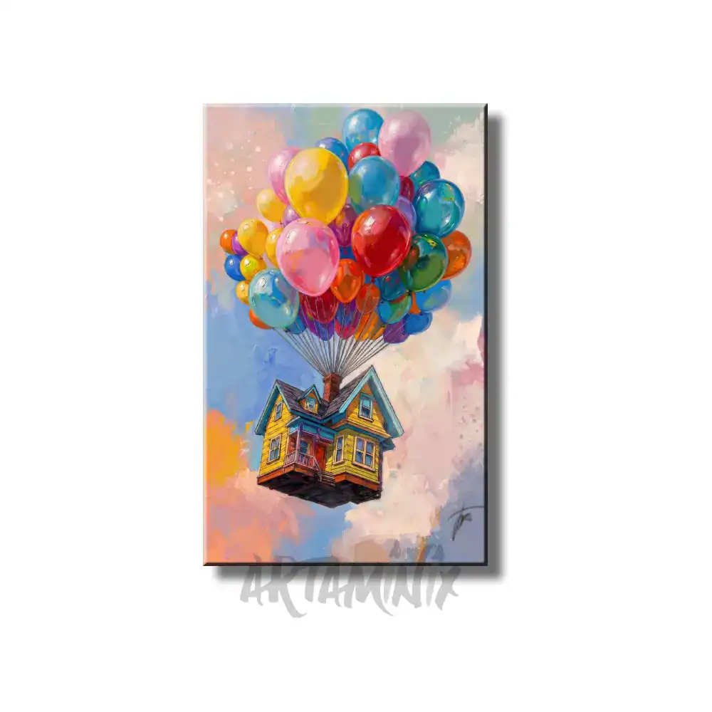 Quadro dipinto a mano su legno raffigurante la casa del film UP Disney sollevata da palloncini colorati nel cielo.