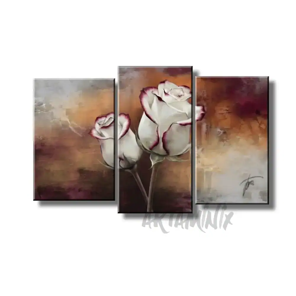 quadro dipinto a mano con coppia di rose sfondo arancione bordeaux e grigio