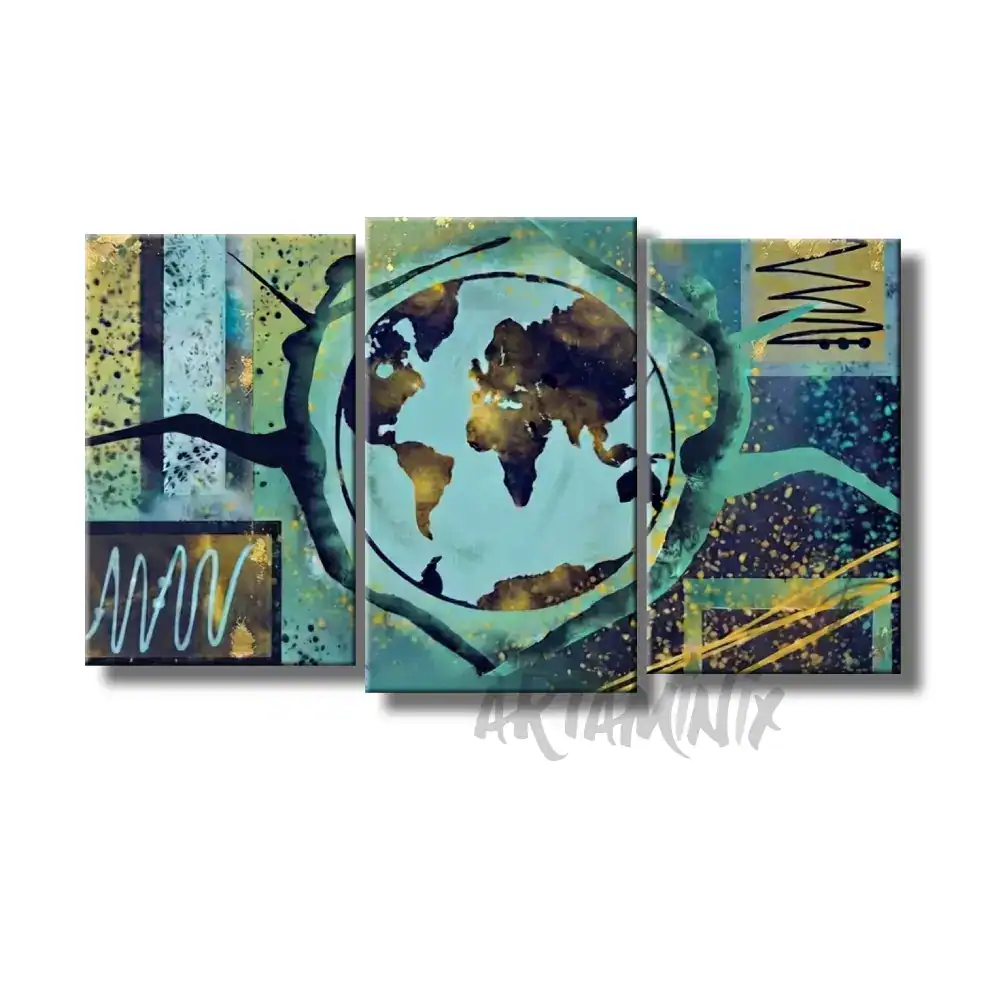 quadro dipinto a mano blu azzurro e oro danzando nel mondo