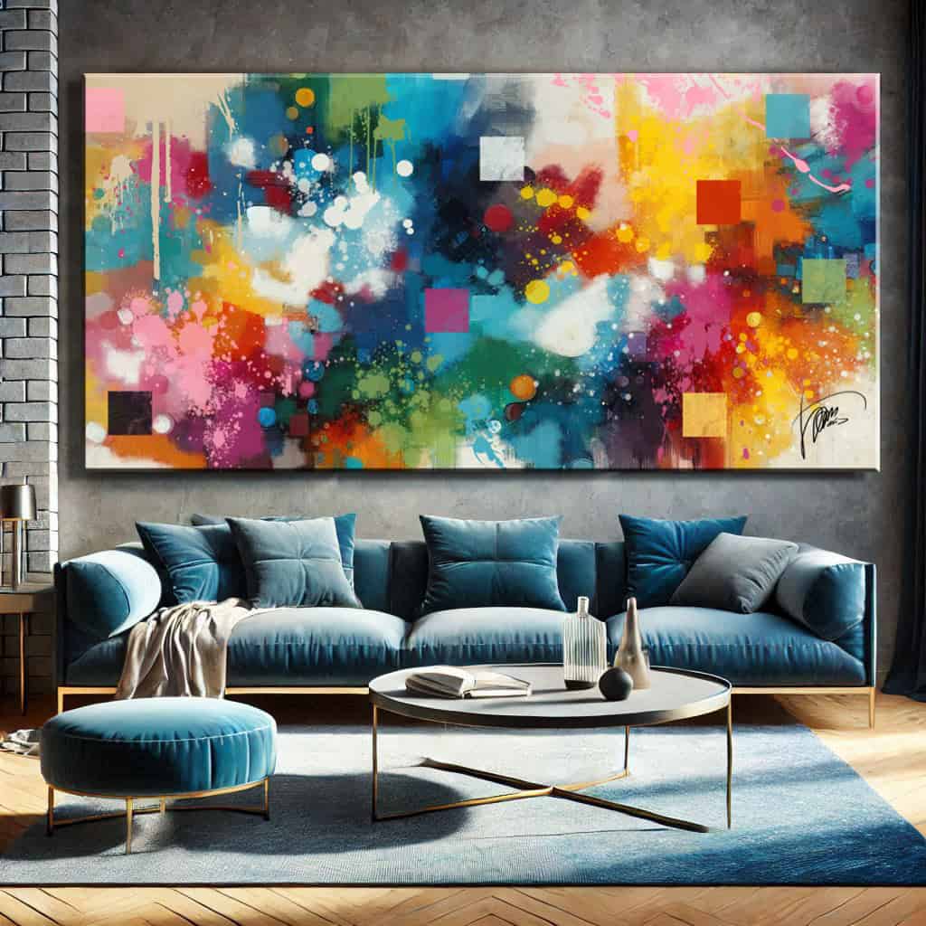 salotto moderno con divano blu e quadro astratto multicolor