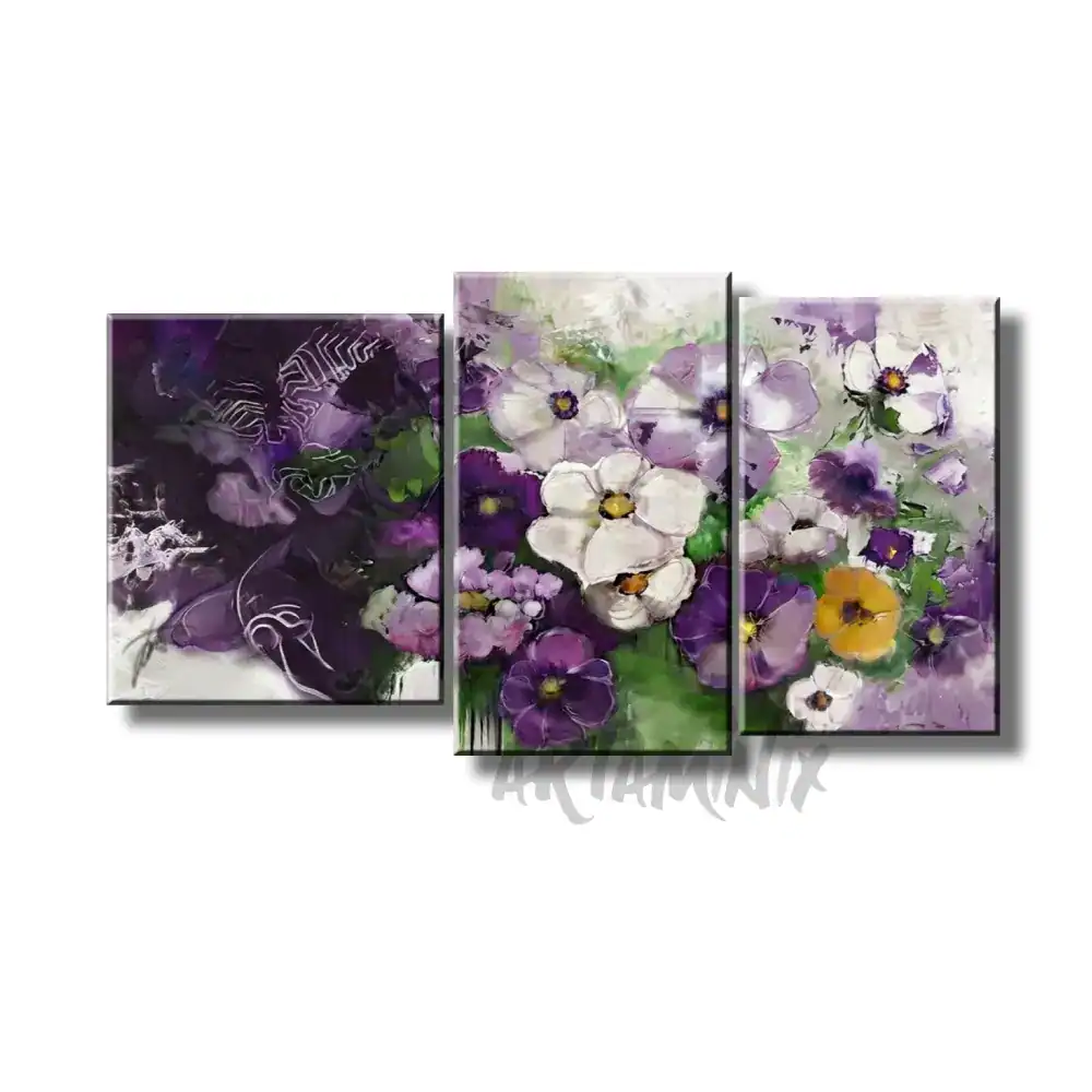 quadro dipinto a mano con fiori astratti viola bianchi e lilla