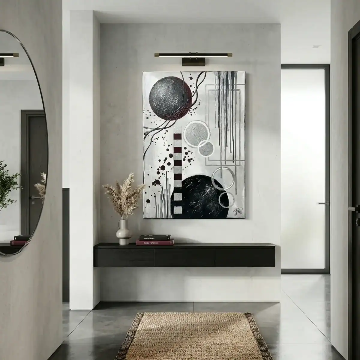 quadro dipinto a mano astratto bianco e nero in ingresso moderno bianco e nero