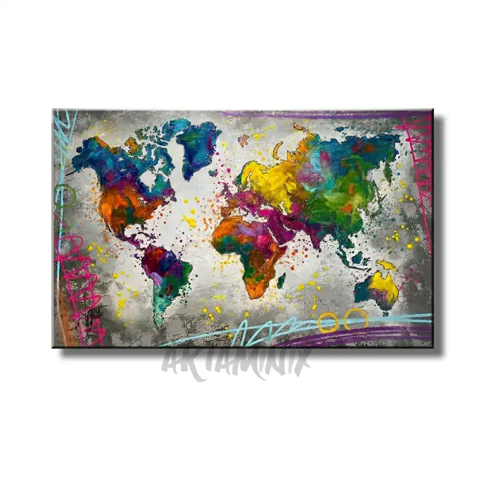 quadro dipinto a mano mappa mondo a colori