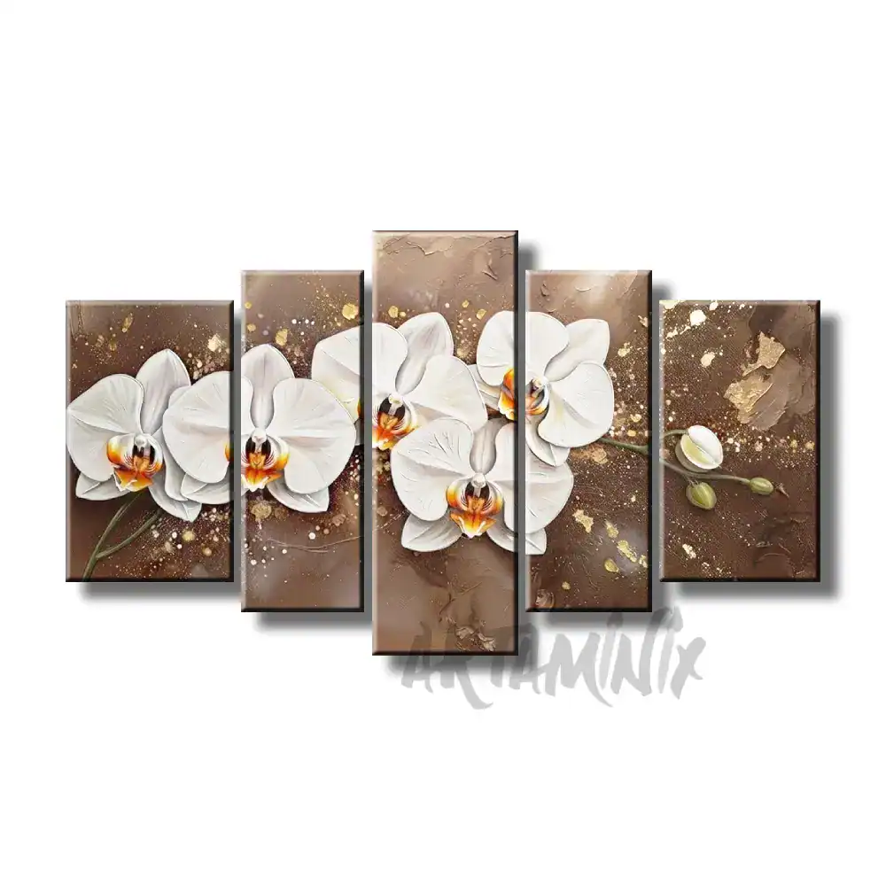 quadro dipinto a mano con fiori orchidee bianche fondo tortora marrone e oro