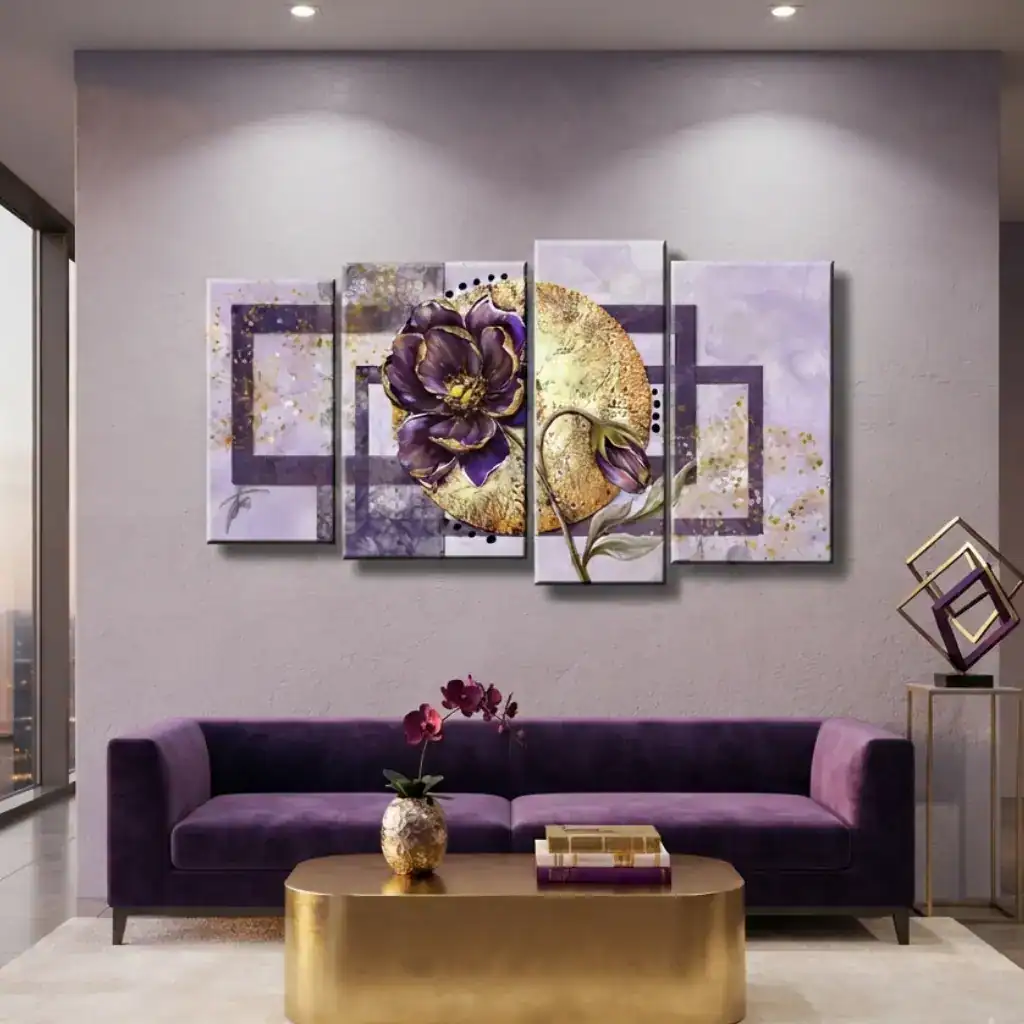 quadro moderno dipinto a mano con geometrie floreali viola e oro parete lilla divano viola