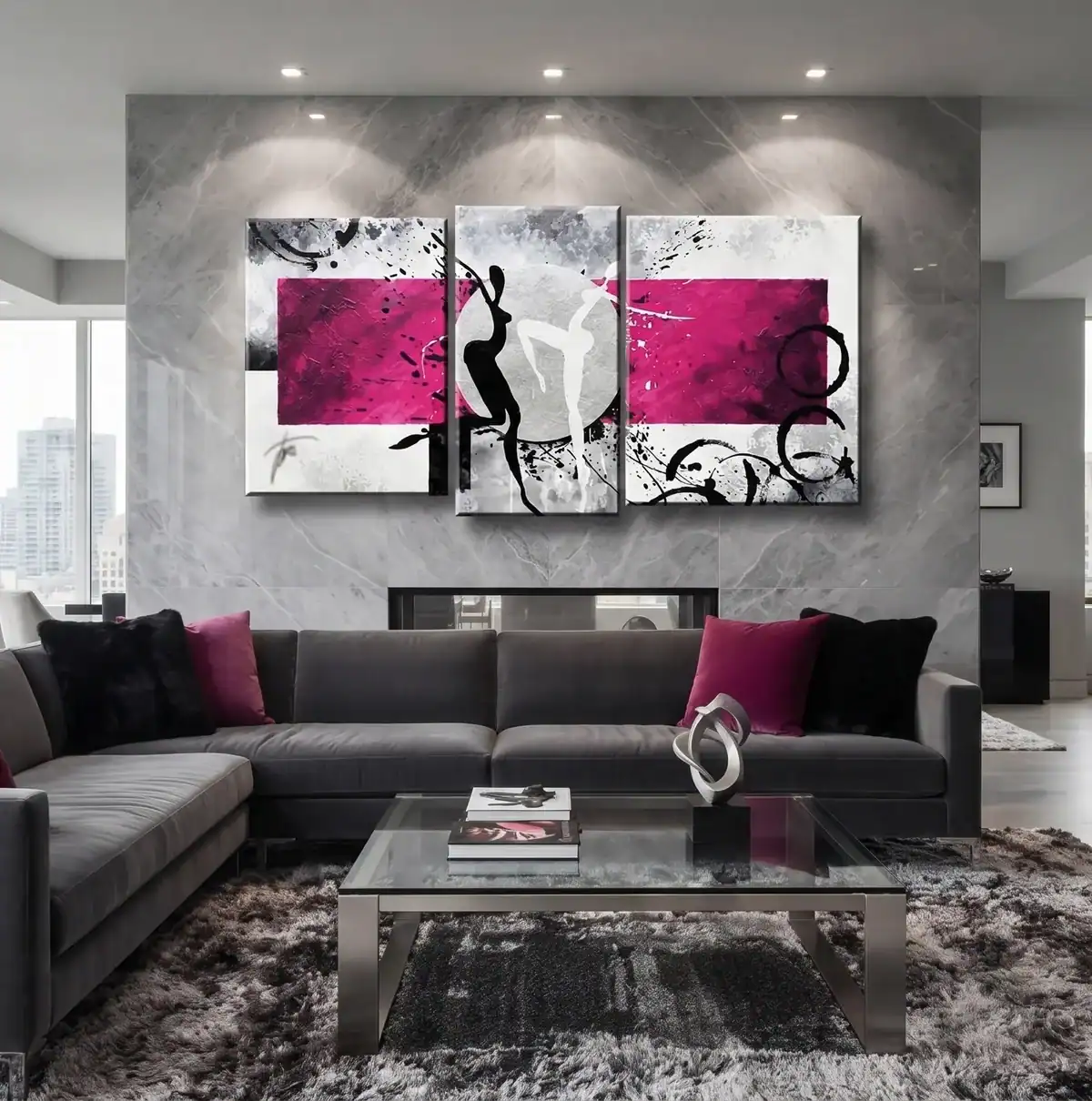 salotto moderno grigio con quadro dipinto a mano cerchio danzante