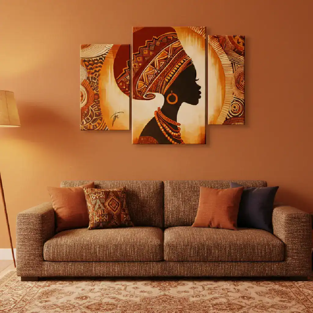 QUADRO ETNICO africa in salotto con parete arancione