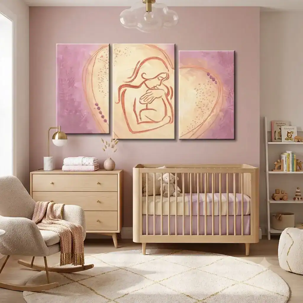 Quadro moderno trittico maternità rosa antico appeso senza cornice sulla parete di una cameretta neonato elegante con culla in legno.