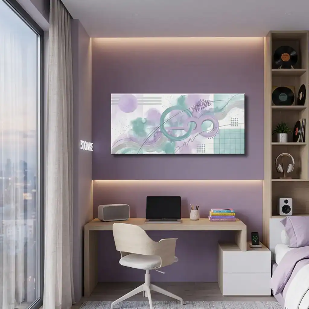 cameratta con quadro moderno astratto azzurro e lilla dolcezza astratta