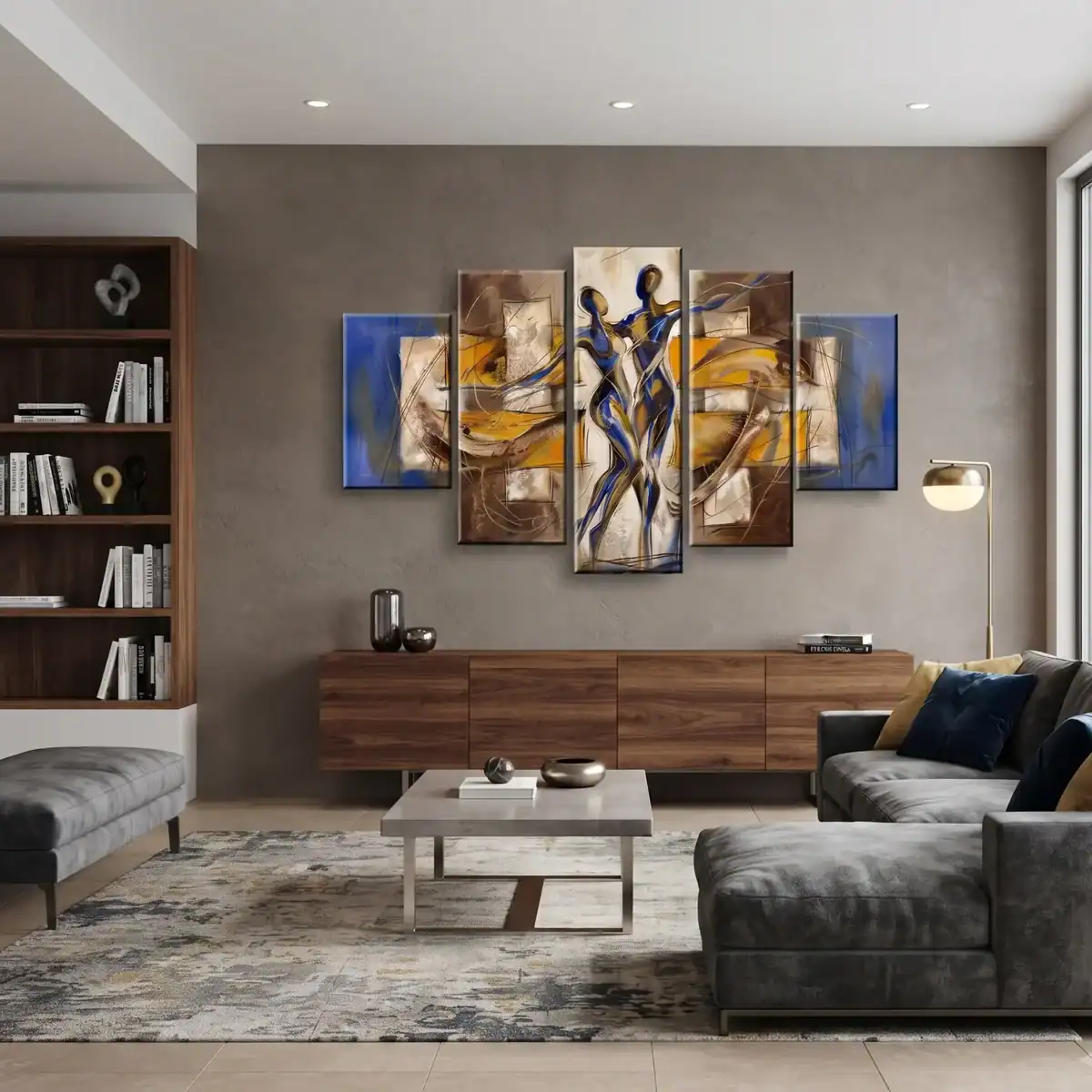 salotto moderno con quadro dipinto a mano blu tortora e giallo spensieratezza