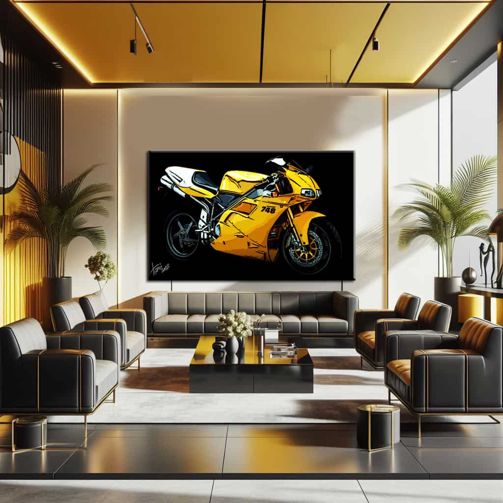 sala d'attesa con quadri moto ducati gialla