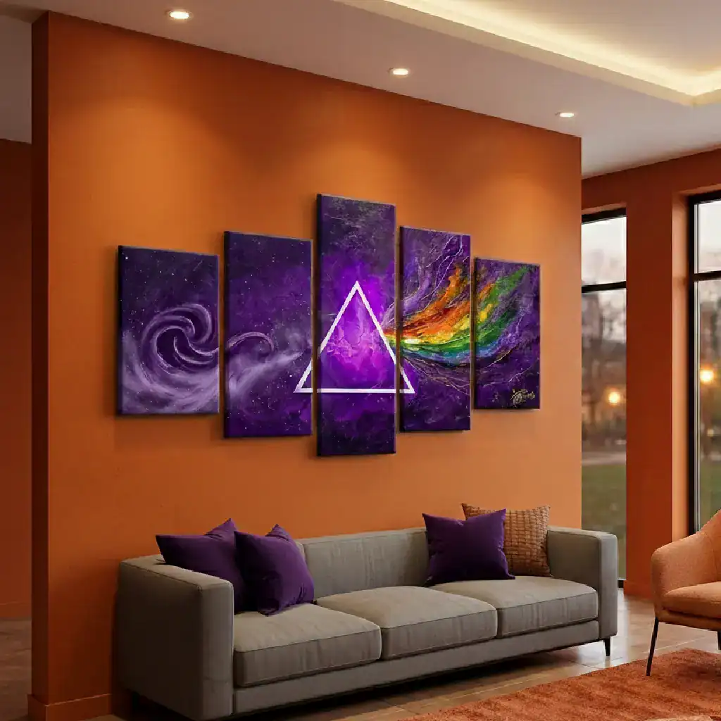 quadro dark side of the moon viola pink floyd in un salotto moderno sopra al divano con parete arancione