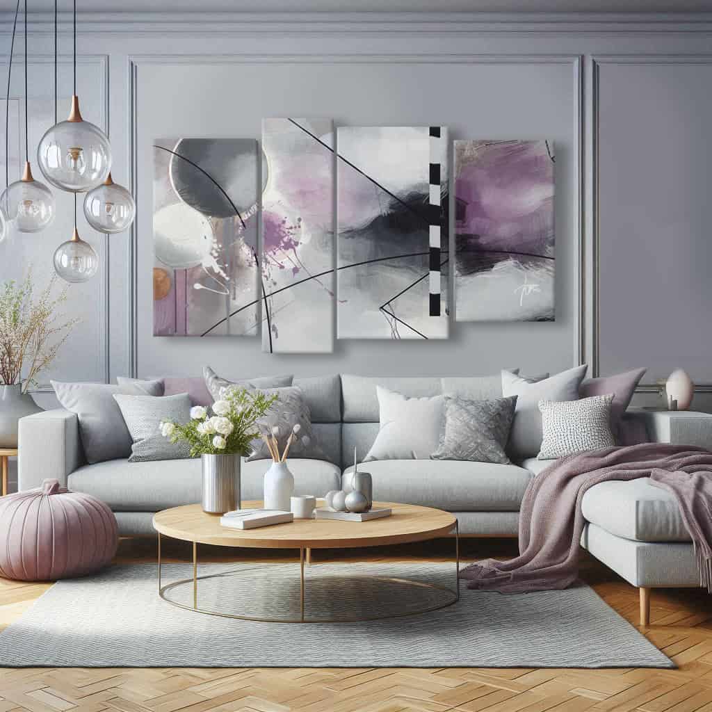salotto quadro astratto schizzi grigio lilla