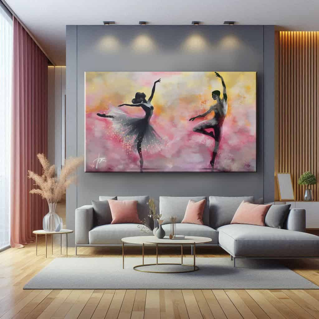 salotto grigio e rosa con ballerini astratti