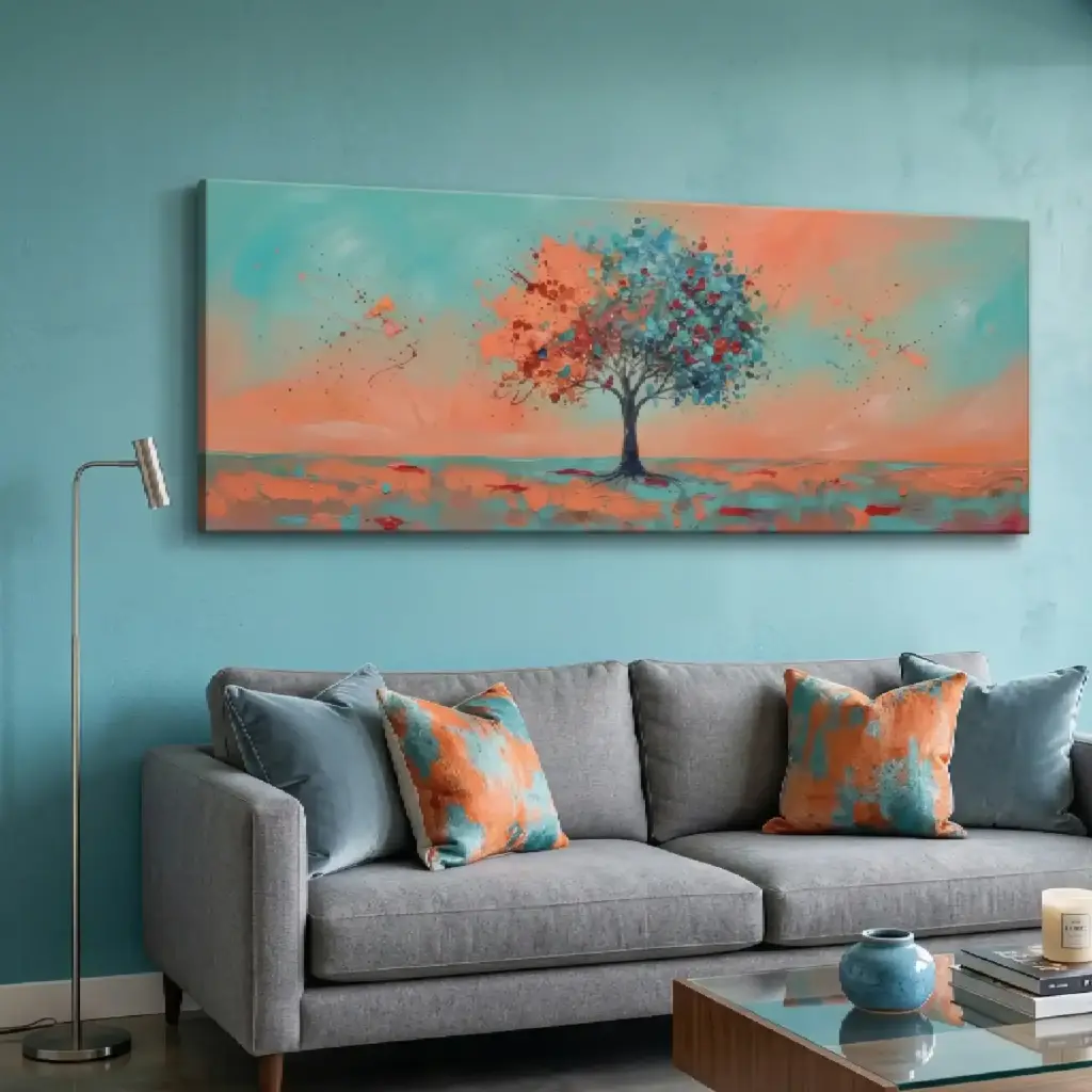 salotto con parete azzurra con quadro natura magica