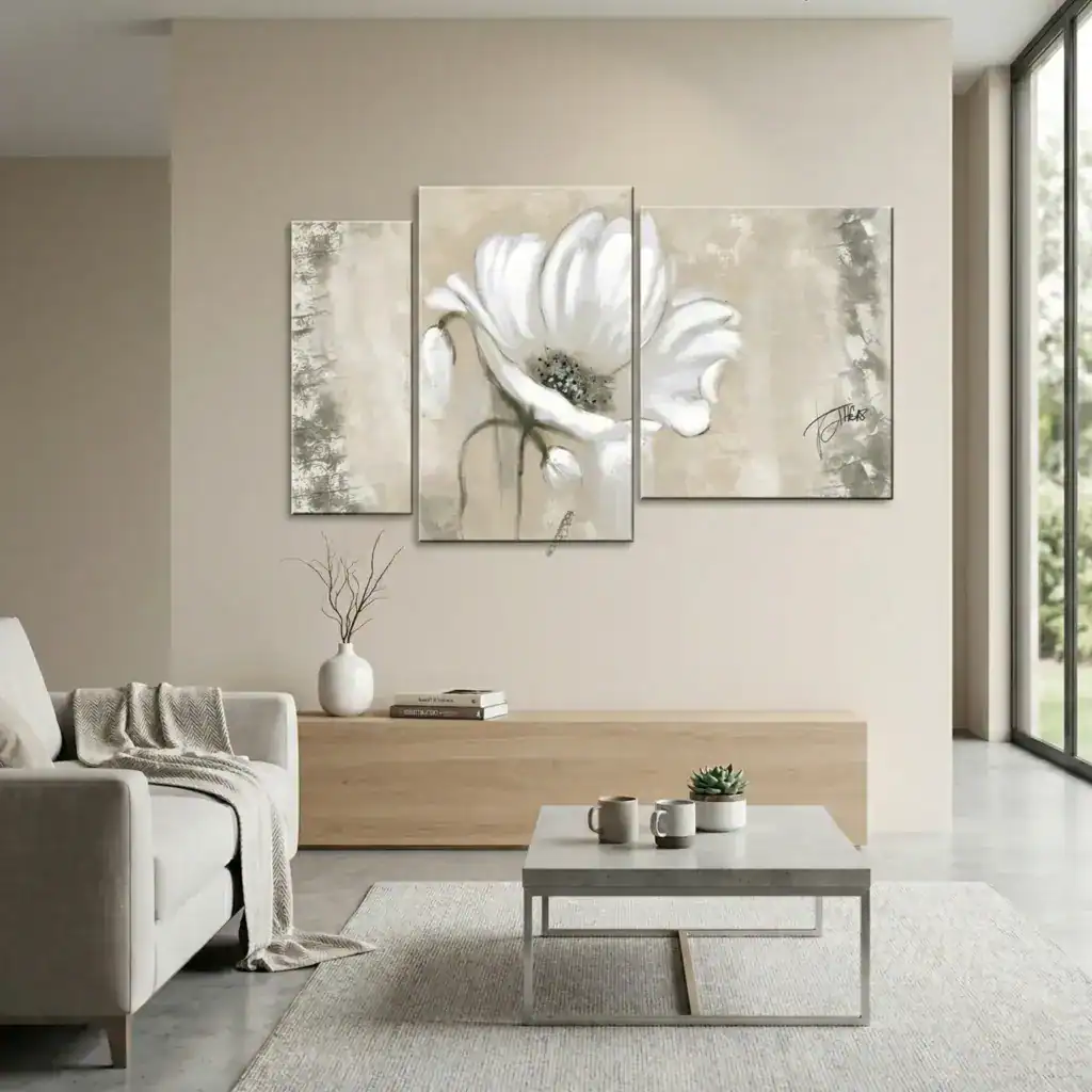 salotto beige con quadro eleganza pura dipinto a mano con fiore astratto bianco