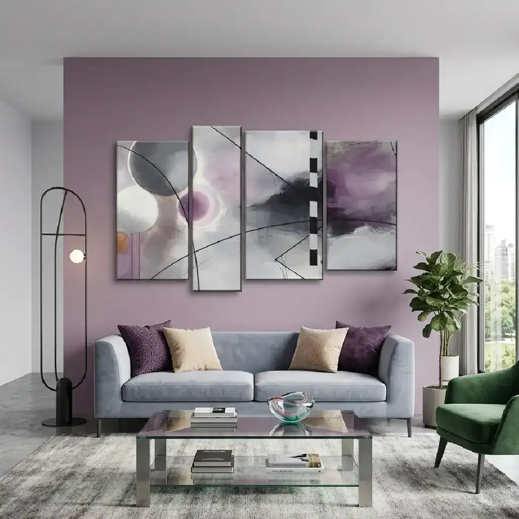 quadro salotto con parete lilla schizzi grigio lilla