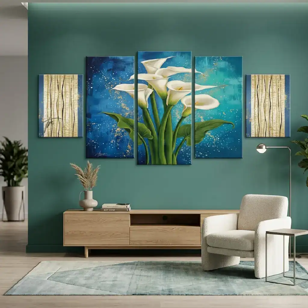 salotto moderno con quadro parete verde acqua calle in beige