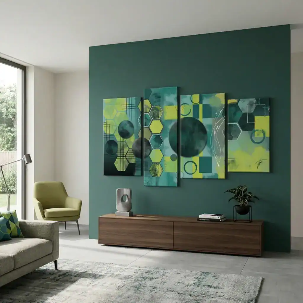salotto moderno con parete verde ottanio con quadro astratto geometrie e pois verde lime e verde ottanio