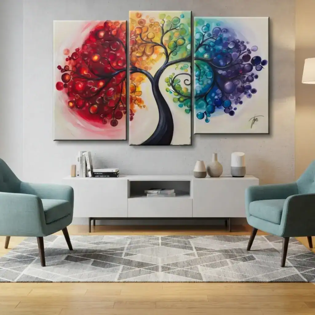 salotto moderno con poltrone azzurre e quadro dipinto a mano albero arcobaleno albero arcobaleno