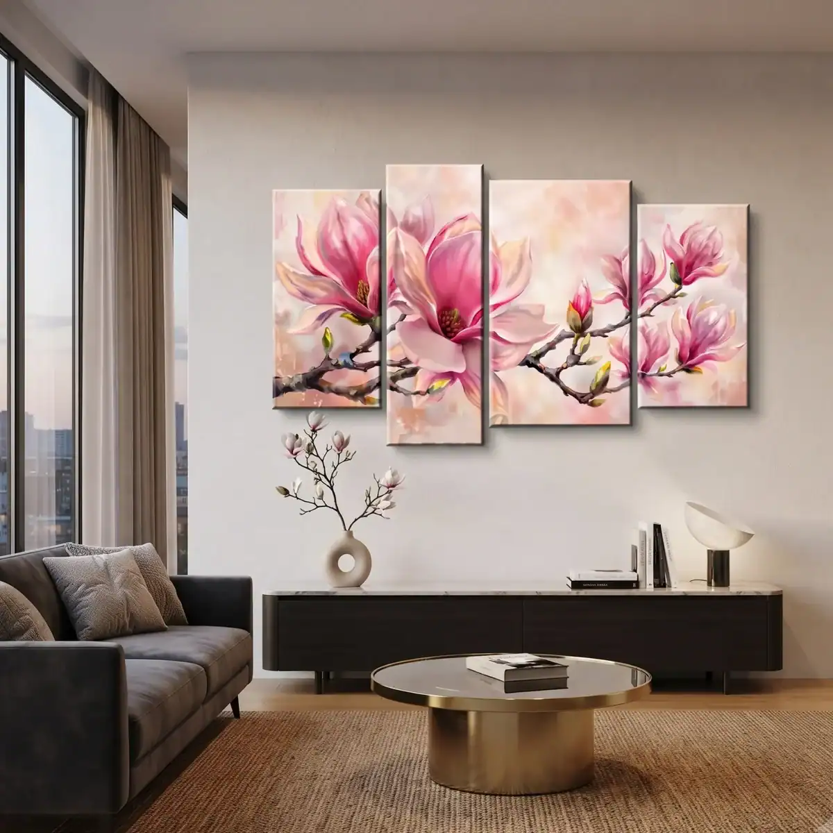salotto moderno con quadro dipinto a mano magnolia rosa