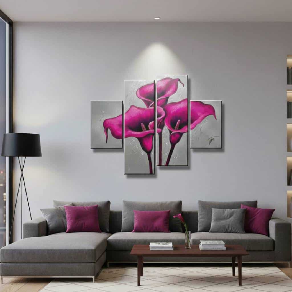 salotto grigio con quadro calle fucsia