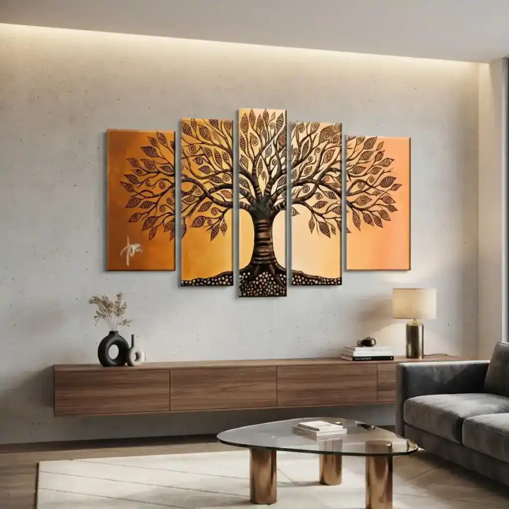 salotto moderno con quadro dipinto a mano arancione e marrone con albero a righe