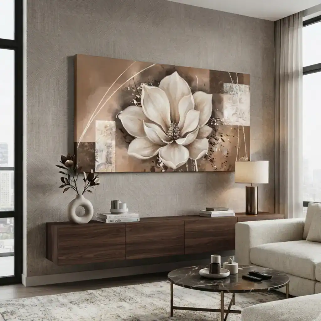 salotto moderno con quadro splendida magnolia dipinto a mano