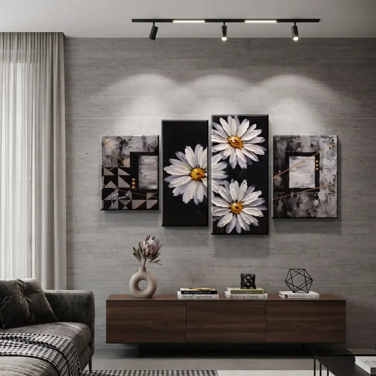 salotto moderno con quadro dipinto a mano floreale astratto tris margherite