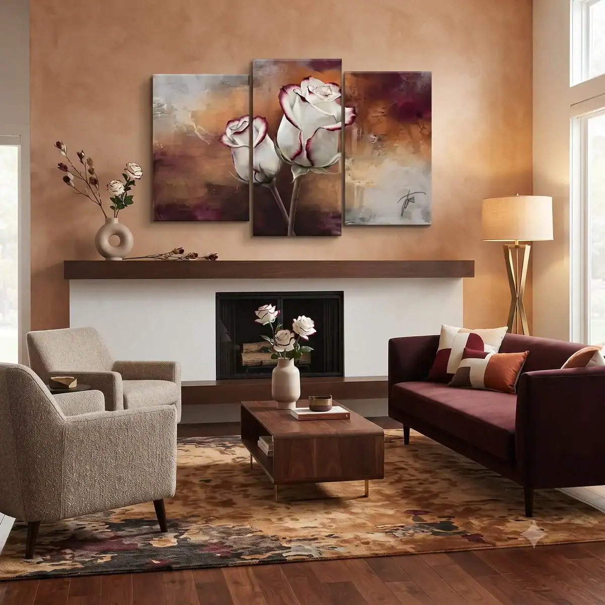 salotto moderno con camino e parete arancione con quadro dipinto a mano coppia di rose