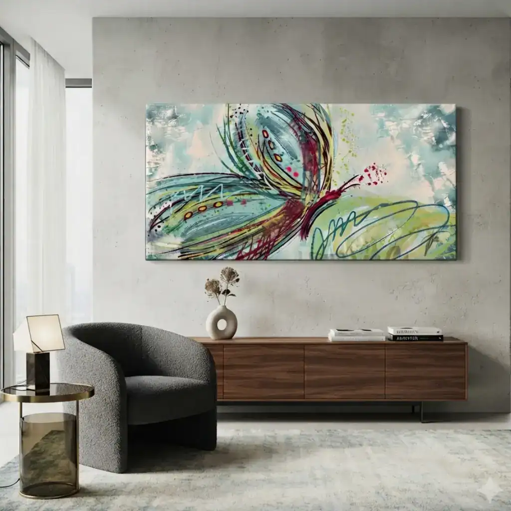 quadro salotto moderno sala da attesa dipinto a mano poltrona grigia farfalla astratta riposo